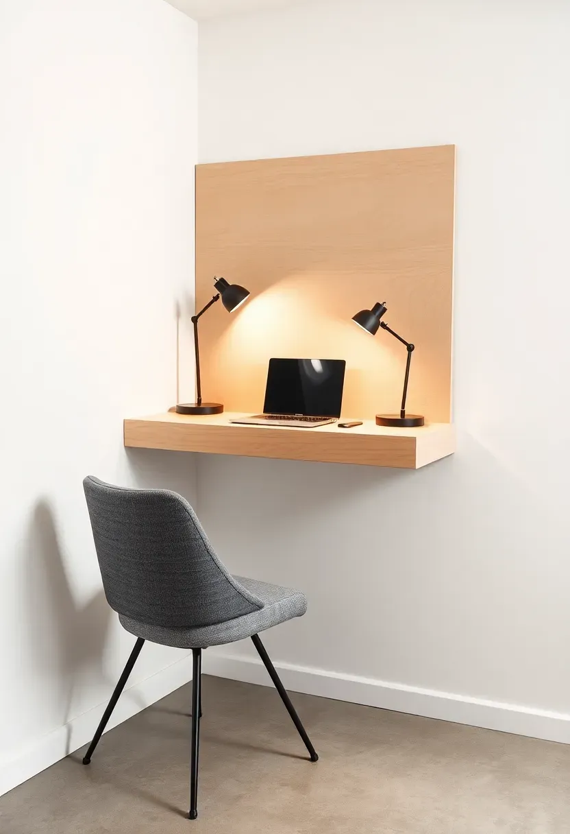 Wall-mounted floating desk in a small basement corner used as a home office nook