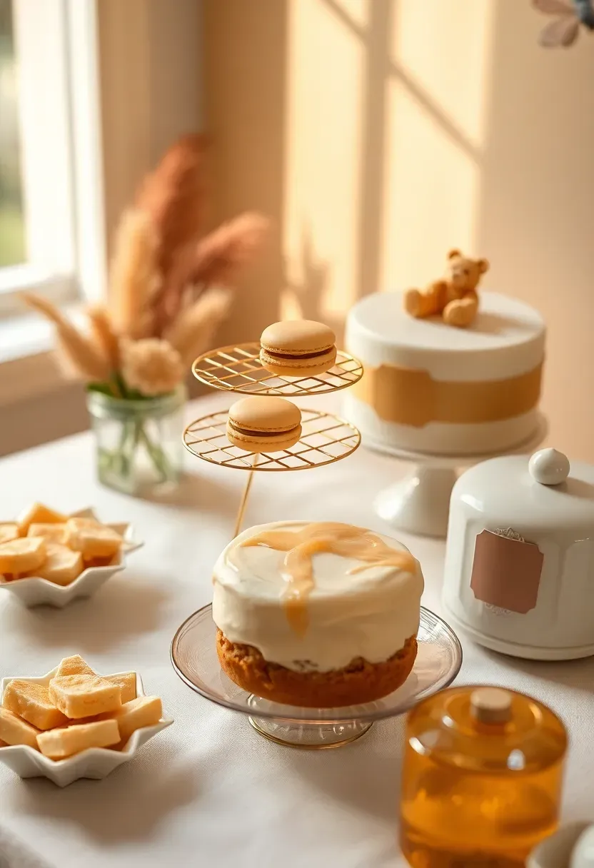 honey bear baby shower dessert table with hexagon honeycomb dishes, honey-drizzle macarons, and fondant bear cake
