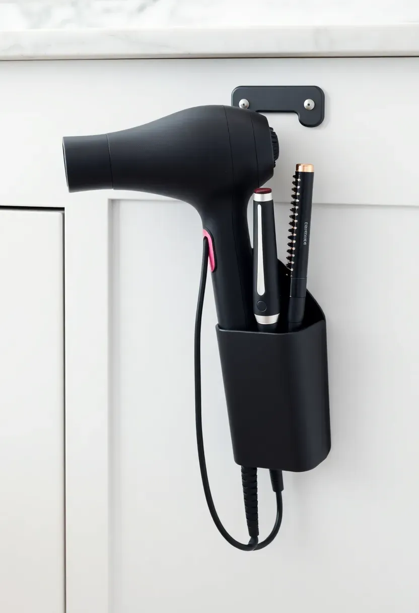 Black metal hair tool holster mounted on the side of a bathroom vanity holding a hair dryer flat iron and curling wand