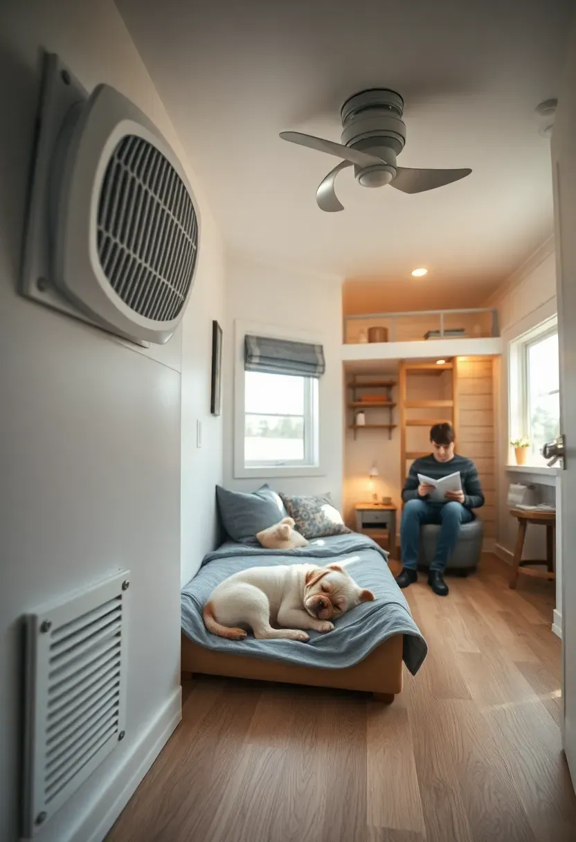 Hyper-realistic 3/4 view of tiny house interior showing ventilation design, with low-level floor vent near dog bed, high-level ceiling vent above loft, continuous exhaust fan on wall with speed control, visible air flow indicators, dog sleeping in bed zone, human reading nearby. Materials: white vent covers, brushed aluminum fan, light wood floor, white walls, gray dog bed, warm ambient lighting. Natural light from window, soft shadows, visible tiny house context with loft ladder and compact furniture. Shallow depth of field.</p>