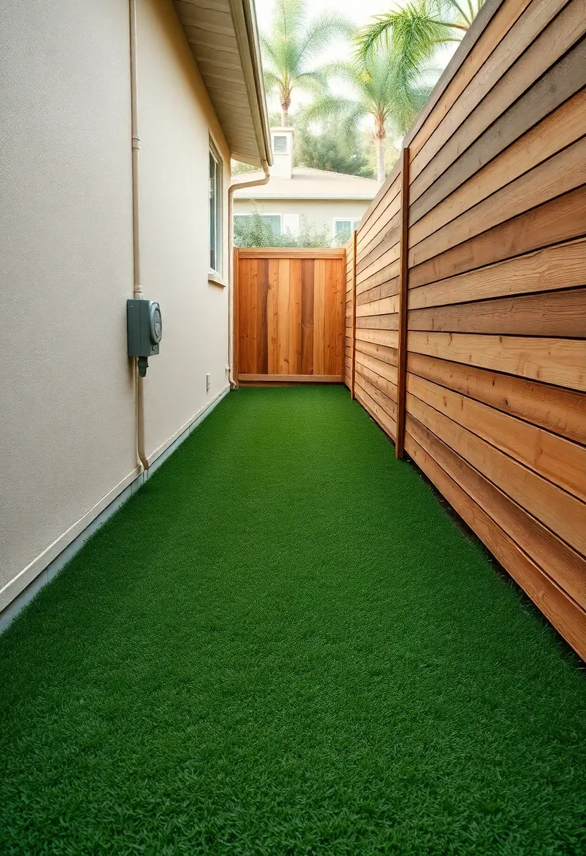 Narrow synthetic turf strip running along the side of a house between a wooden fence and the exterior wall with utility access
