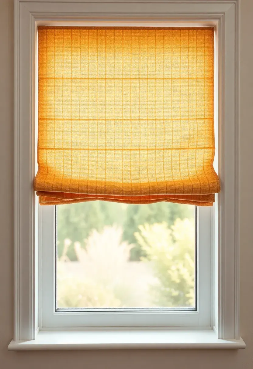 Elegant small sunroom window with natural linen roman shades in a relaxed fold, half-raised to let in afternoon light, clean window frame with no bulky curtain hardware