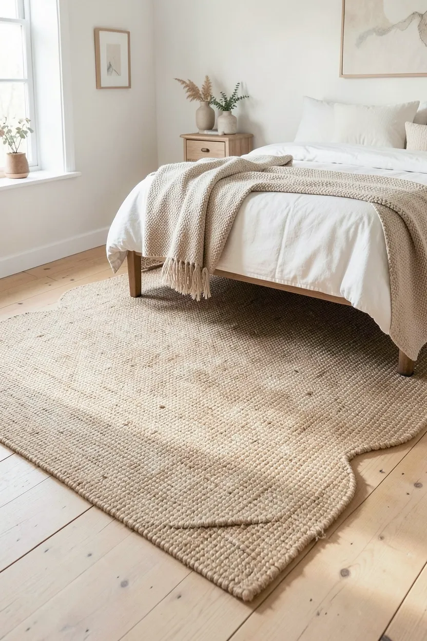 Woven jute area rug in warm golden tone anchoring a light wood floor in a scandinavian farmhouse bedroom