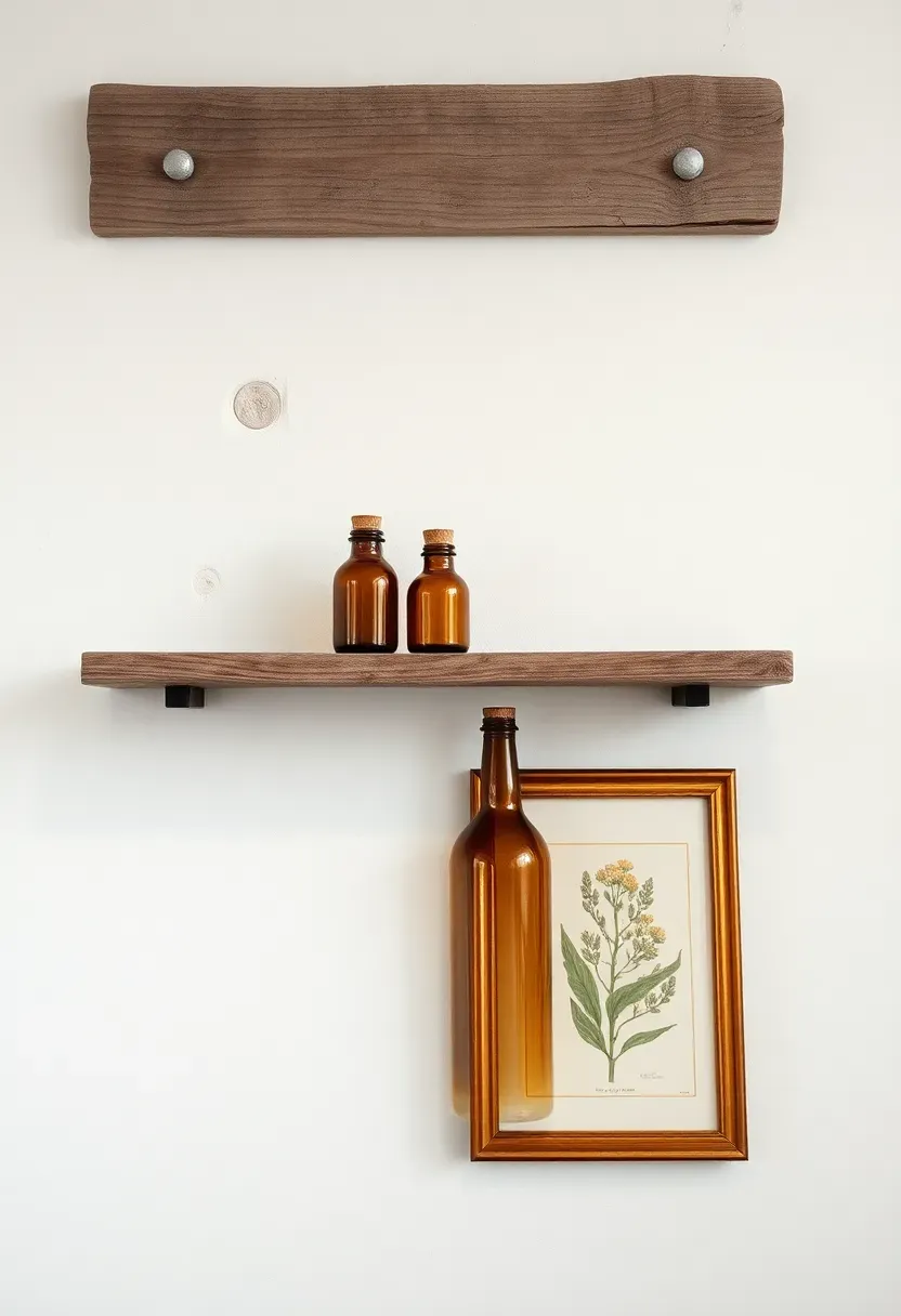 Reclaimed barn wood plank shelf with visible nail holes and weathered grain, holding glass bottles and rustic objects