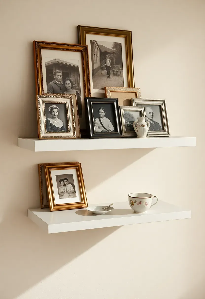 Floating shelves in distressed white displaying vintage teacups and family photographs