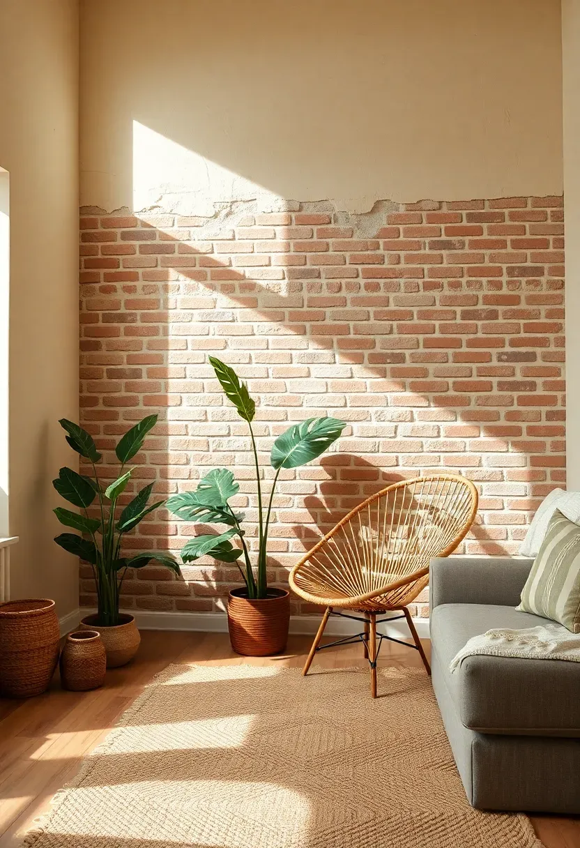 Hyper-realistic 3/4 view of an earthy boho living room showing an exposed brick wall painted in warm cream, with the brick texture creating dimensional pattern against smooth cream plaster walls surrounding. Rattan furniture, plants, jute rug. Materials: exposed brick with visible mortar lines painted in warm cream with slight variation showing brick texture, smooth cream plaster walls, natural rattan peacock chair, monstera plant in terracotta pot, chunky jute rug, oak flooring. Natural daylight from windows creating shadows that emphasize brick texture and dimensional quality. Warm earthy atmosphere. Architectural character as backdrop. Shallow depth of field showing brick wall foreground with furniture and room context beyond. No text, no logos, no watermarks.</p>