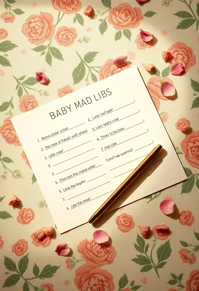 a beautifully designed baby mad libs worksheet with a pen on a floral tablecloth