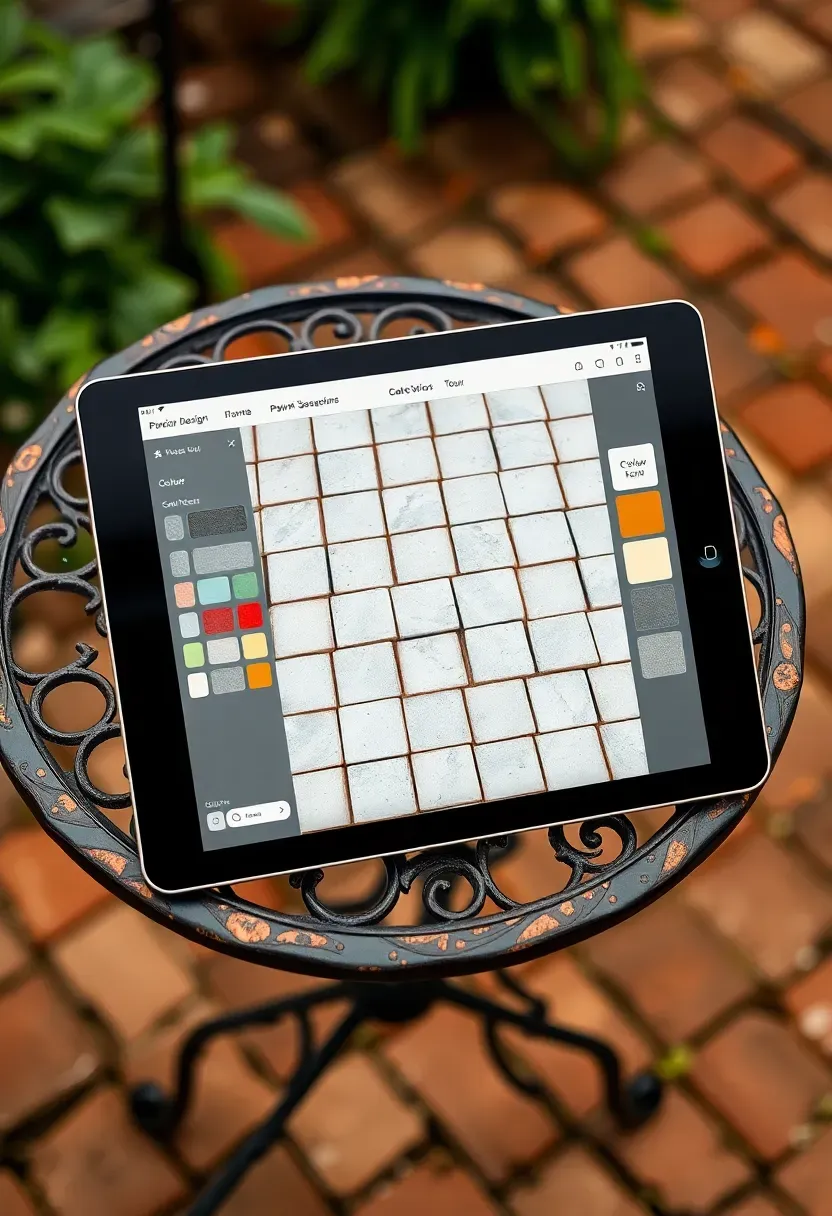 Web browser showing Marshalls Garden Visualiser with a drag-and-drop paving layout for a British-style backyard patio
