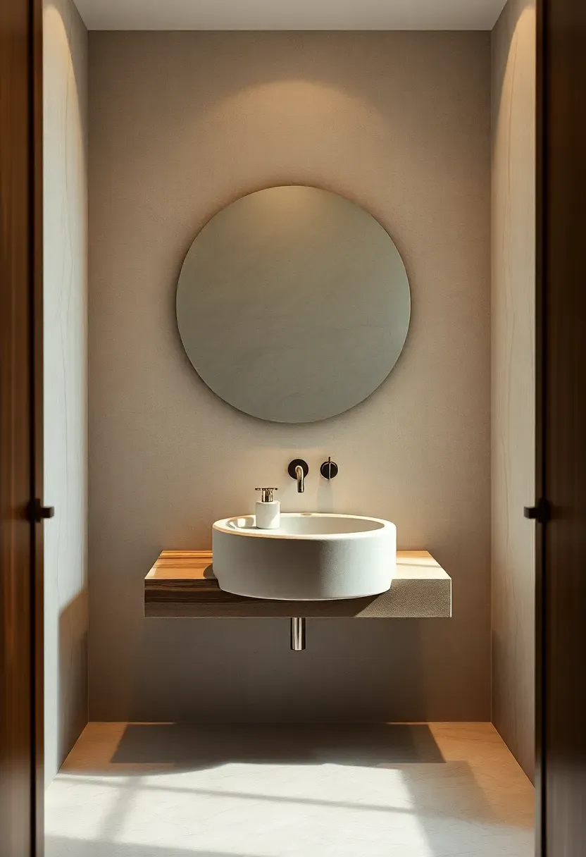 Custom cast concrete floating sink with smooth polished basin and integrated drainage groove in a modern industrial powder room
