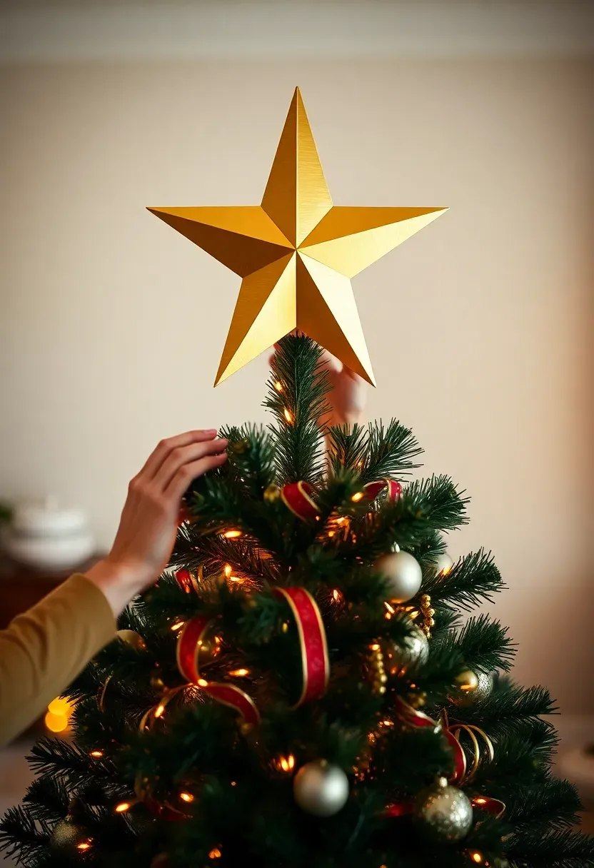Hands placing a gold star tree topper at the top of a fully decorated Christmas tree, viewed from slightly below looking up
