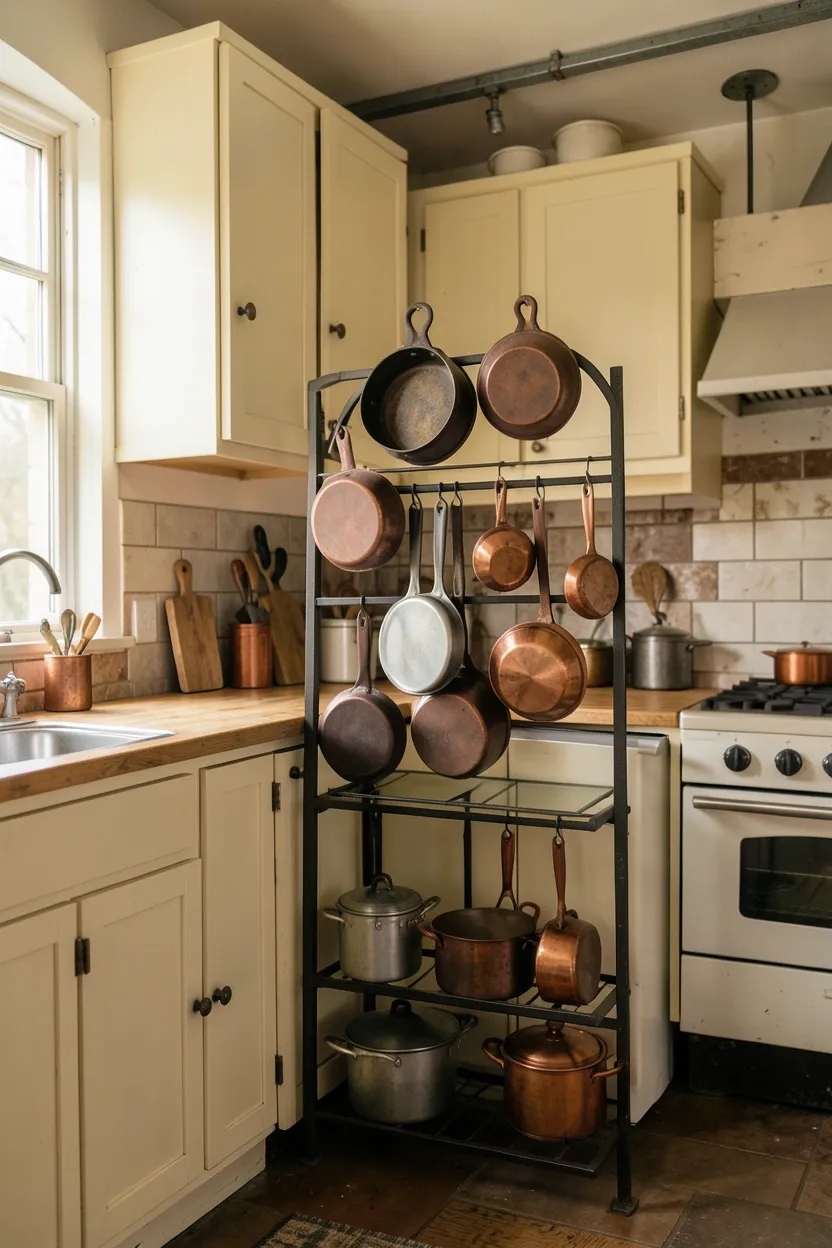 Wrought iron ceiling pot rack displaying copper and cast iron cookware above a small farmhouse kitchen island
