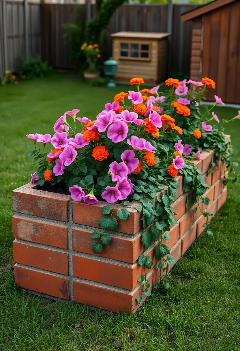 A raised flower bed built from reclaimed red bricks filled with petunias, marigolds, and trailing ivy in a tidy backyard setting