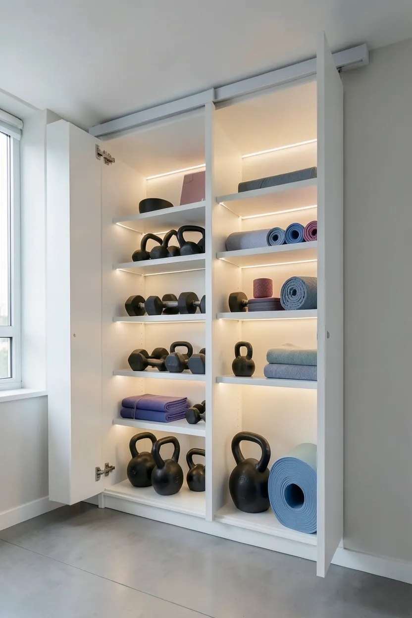Sleek floor-to-ceiling white cabinet doors concealing a full-length mirror in a minimalist home gym — clean wall panel for form-checking workouts