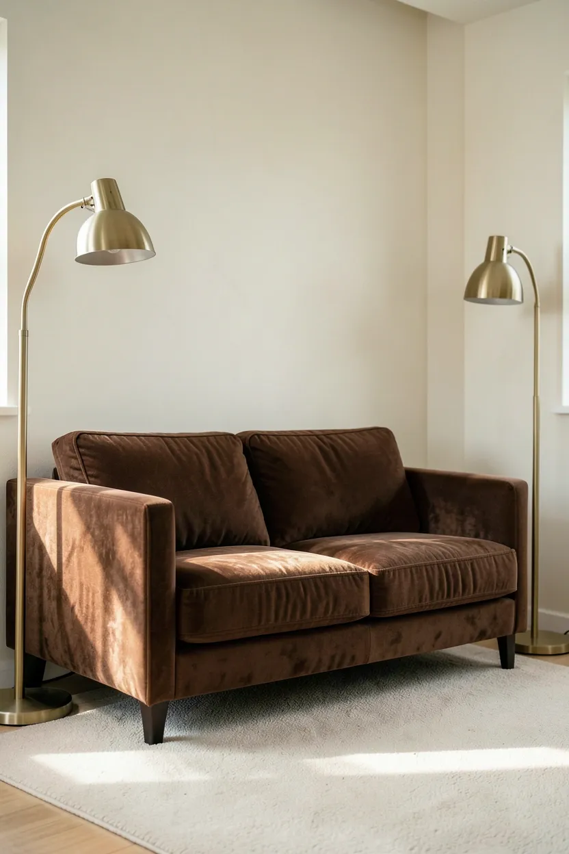 Espresso brown velvet sofa as the focal point of a minimalist living room with cream walls and subtle brass accents