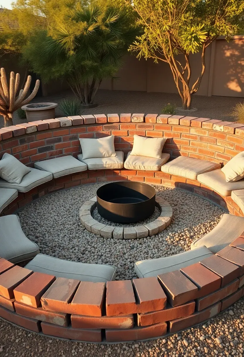 Low curved seating wall built from recycled red bricks in an Arizona backyard with cushions on top, surrounding a gravel fire pit area