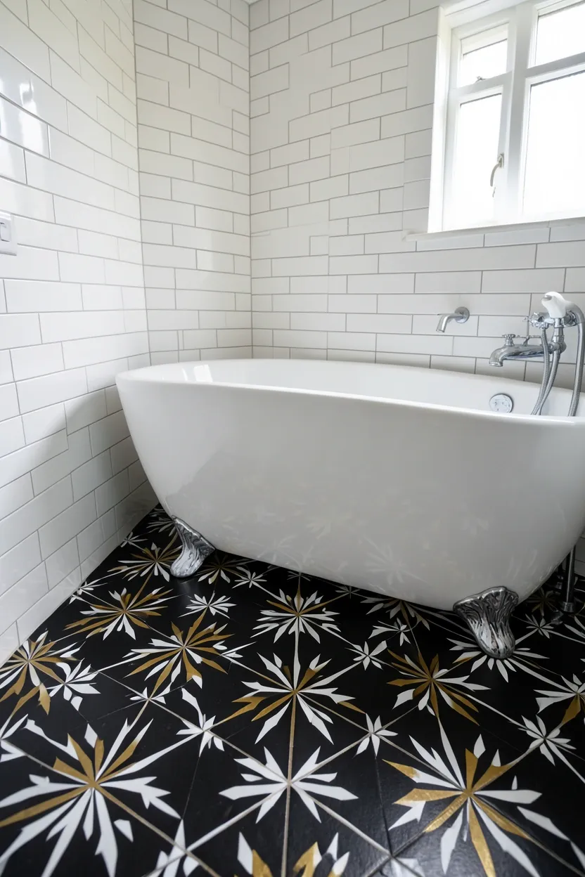 Hyper-realistic eye-level photograph of a modern black bathroom floor showing black Moroccan encaustic cement tiles with geometric starburst patterns in white and gold accents, white subway tile walls, white freestanding tub, chrome fixtures. Natural light. Materials: black Moroccan cement tiles, white ceramic tiles, porcelain tub, chrome fixtures. Exotic patterned black floor. Artisanal tile details. No text, no logos, no watermarks.</p>