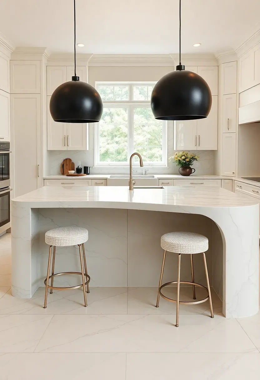 Large kitchen island with waterfall Calacatta marble top, integrated seating on one side, built-in appliance garage on the other, and pendant lights above