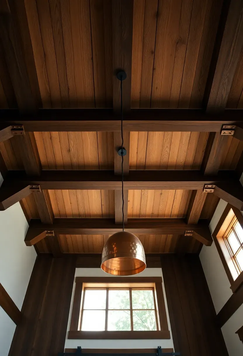 Exposed dark-stained timber beam ceiling in a craftsman living room with white plaster between beams