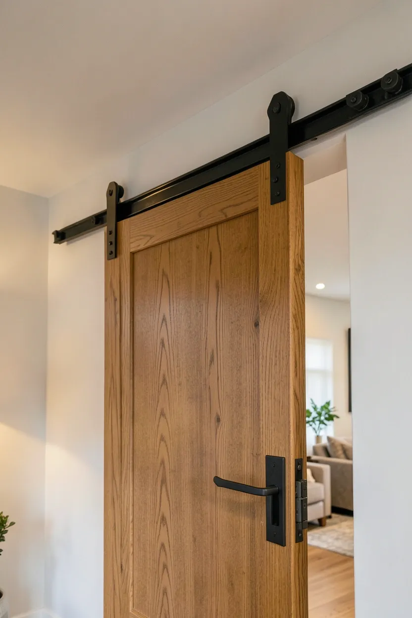Black steel barn door hardware on a modern wood sliding door separating a rustic living room from a hallway