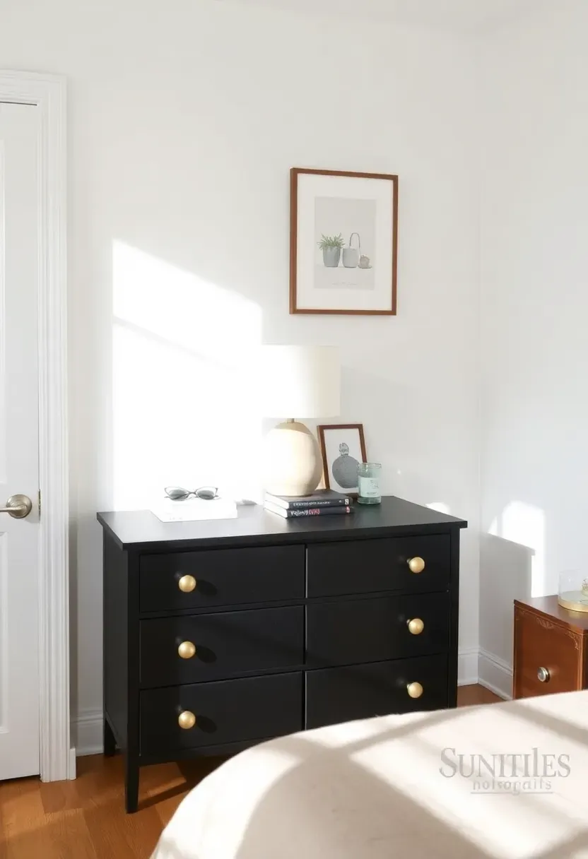 Thrift store wooden dresser refinished in matte black with new gold knobs, staged with a table lamp and a stack of books in a bright bedroom
