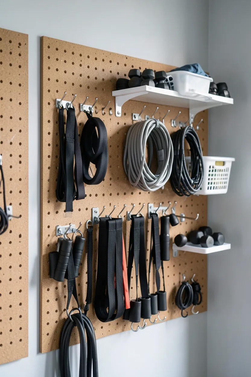 Large pegboard equipment organizer in a mini home gym with hooks for resistance bands, dumbbells, and jump ropes — smart vertical storage idea