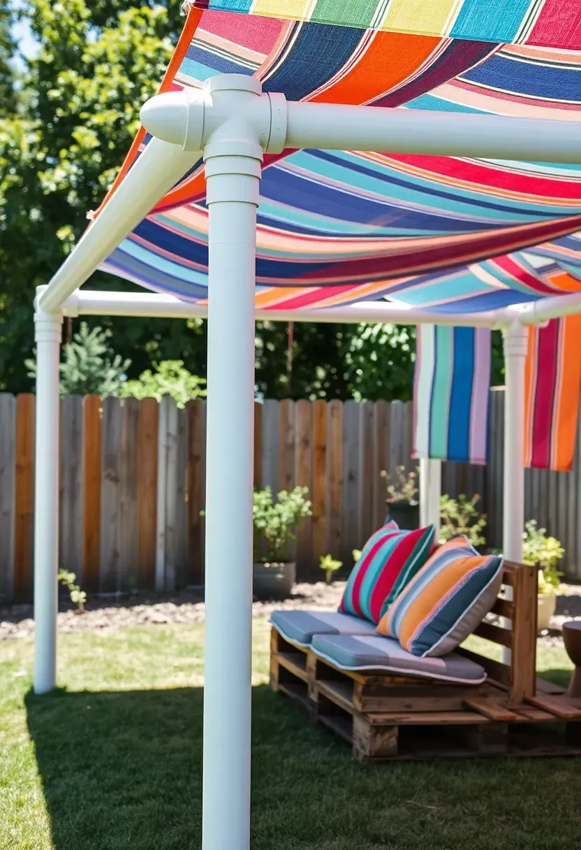 DIY shade structure made from white PVC pipes and draped outdoor fabric covering a small backyard seating area with colorful cushions