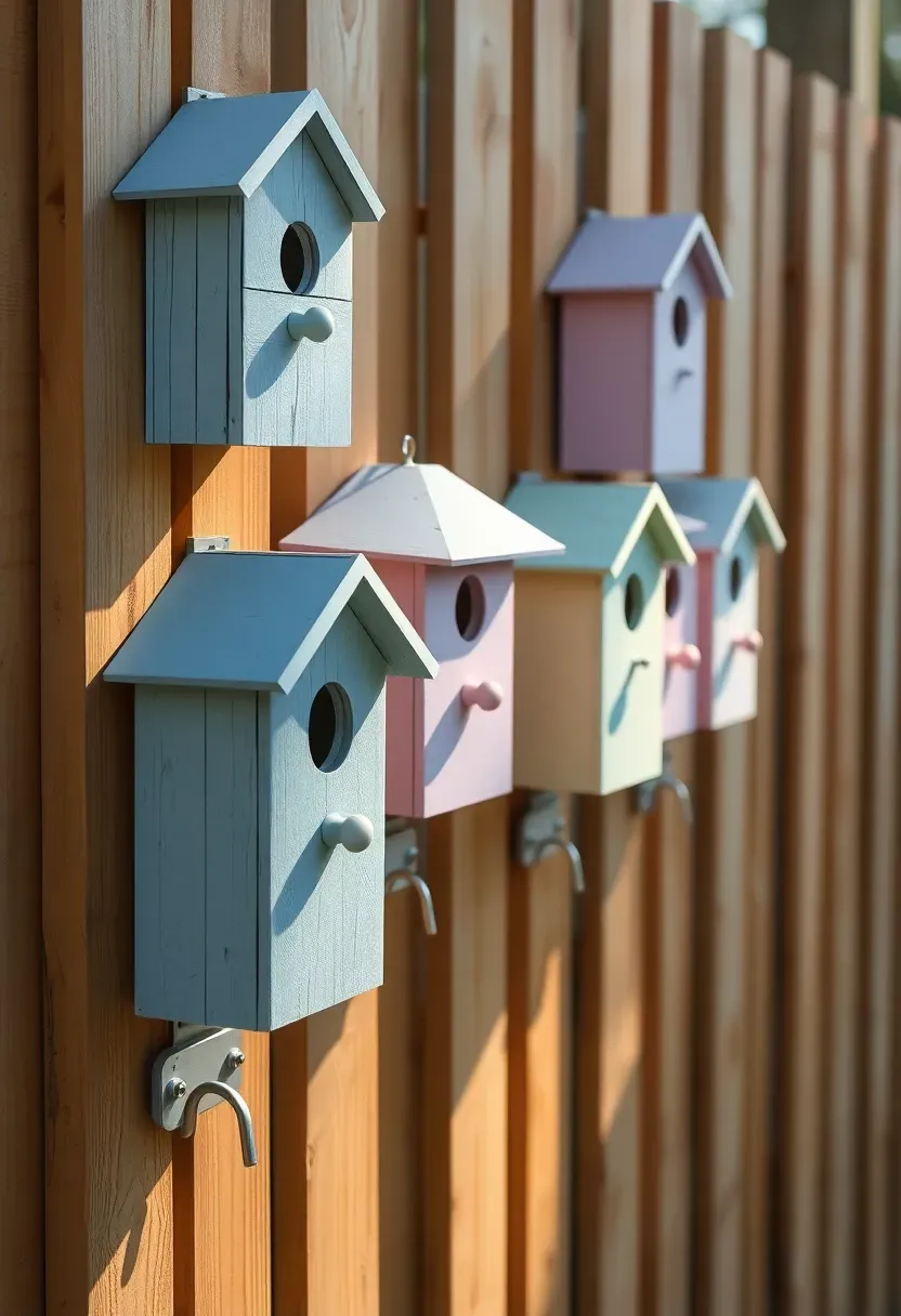A collection of five painted wooden birdhouses in muted pastel colors mounted at varying heights on a garden fence