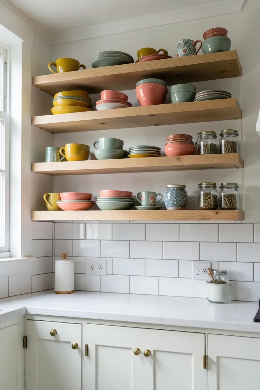 Hyper-realistic eye-level photograph of a boho kitchen with open floating shelves. The light wood shelves display an eclectic collection of colorful ceramic dishes in mustard yellow, coral, and sage green tones. The shelves also hold patterned mugs and glass jars with dried herbs. Below, white shaker cabinets with brass pulls. White subway tile backsplash visible between shelves. Natural light streaming through window. Materials: light oak, colorful ceramics, white painted wood, brass. Eclectic and vibrant boho mood. Sharp focus on the colorful dishware and shelf details. No text, no logos, no watermarks.</p>