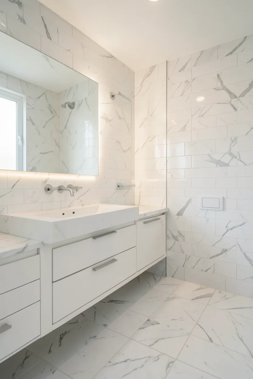 All-white monochrome bathroom with varied textures — marble floor, subway wall tiles, and white fixtures