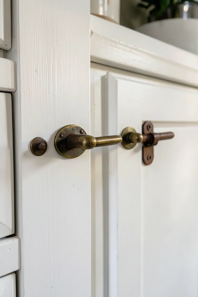Hyper-realistic close-up of vintage-inspired cabinet hardware on white shaker cabinets. Aged brass bin pulls in traditional style with visible patina and slight wear patterns, mounted on white cabinet doors. Next to bin pulls, iron barrel bolt latches with natural oxidation. Behind hardware, white shaker cabinet door with slight brushstroke texture visible. Warm natural light from side highlighting brass and iron surfaces. Materials: aged brass, oxidized iron, painted white wood. Authentic vintage cottage mood. Visible kitchen context - cabinet door section showing hardware at proper spacing. Slight tarnish on brass, natural oxidation on iron showing authentic aging. No text, no logos, no watermarks.</p>