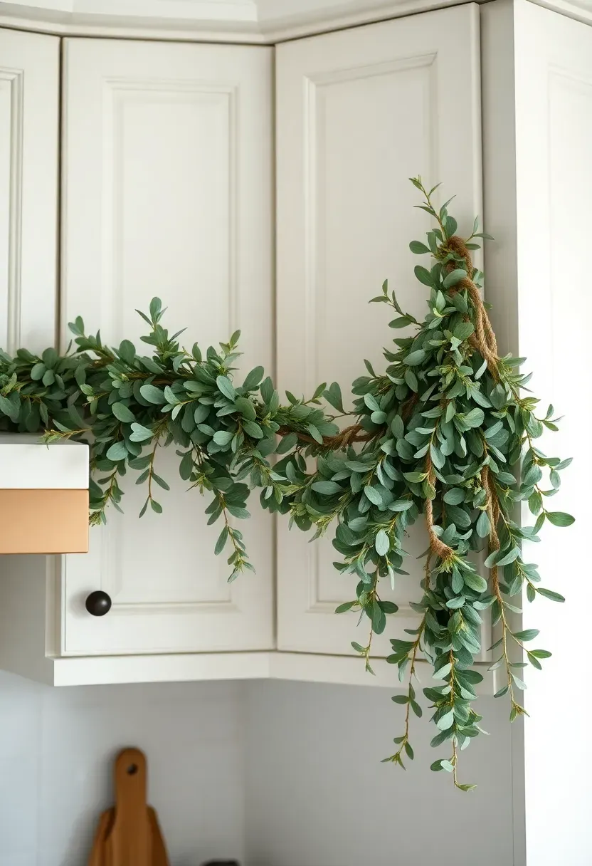 Greenery garland draped along the top edge of kitchen cabinets