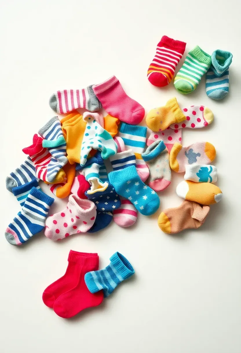 a pile of colorful mismatched baby socks on a table with guests racing to find matching pairs