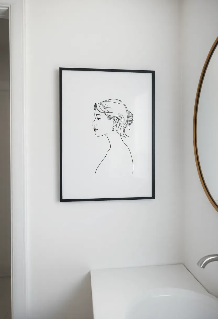 Minimalist continuous line drawing of a woman's profile in a slim black frame on a white bathroom wall beside a round mirror