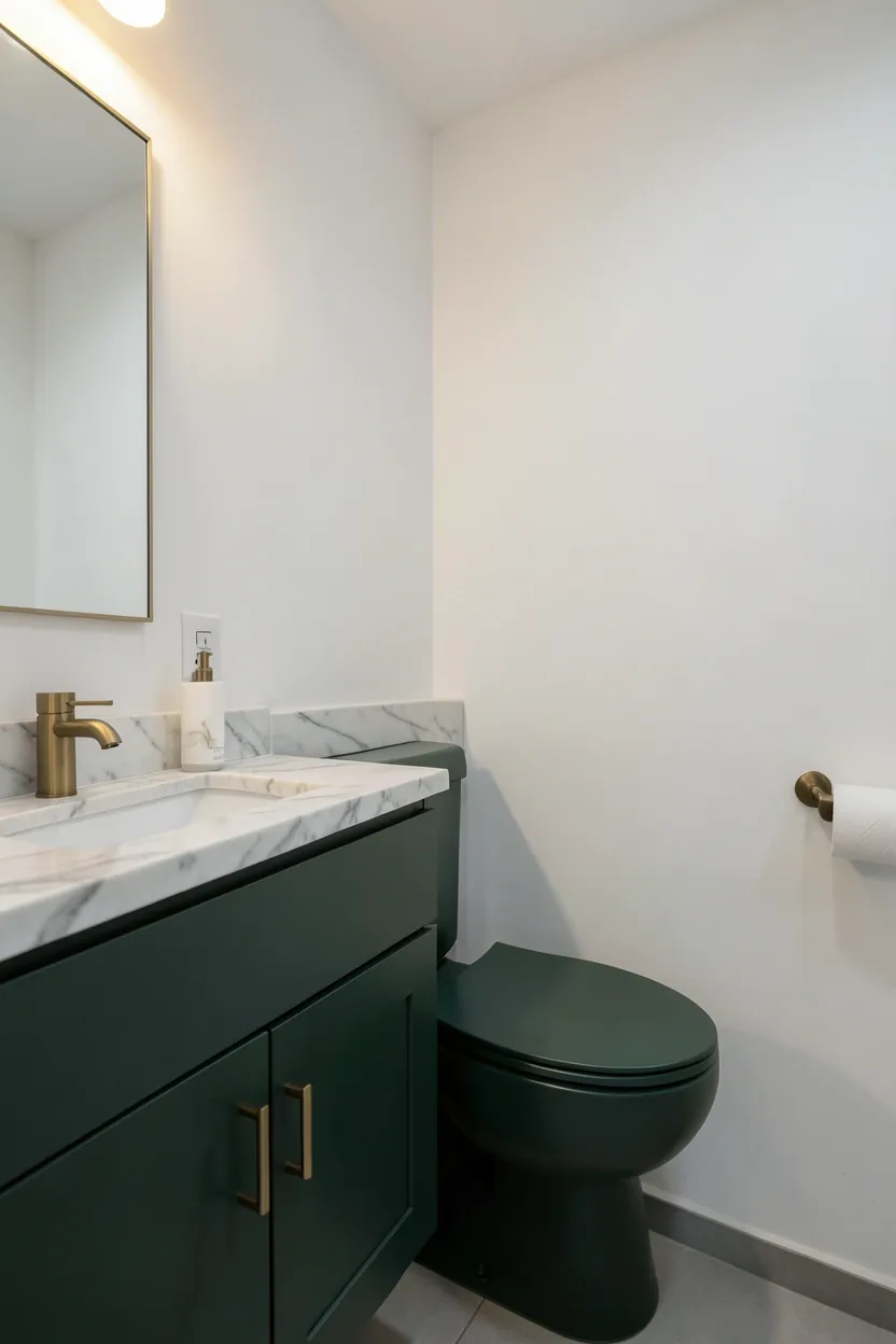 Matte forest green toilet and sink fixtures against white marble countertops in a contemporary bathroom — bold green color bathroom idea