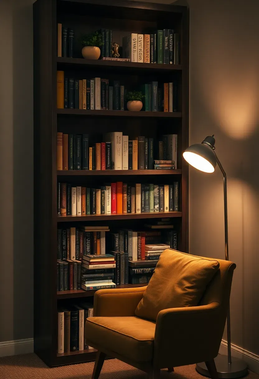 Tall corner bookcase tower filled with books and small plants in a basement reading nook