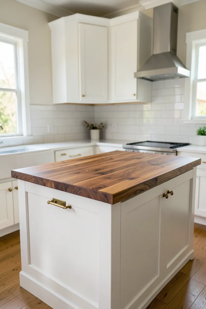 Hyper-realistic eye-level photograph of an elegant modern kitchen with a large butcher block island. The island features a thick walnut butcher block countertop with rich brown grain patterns. The base has white shaker cabinets with brass pulls. Surrounding the island are white quartz countertops and white upper cabinets. Subway tile backsplash. Natural light streaming in. Materials: walnut, white quartz, white painted wood, brass. Warm and inviting elegant mood. Sharp focus on the wood grain texture of the butcher block. No text, no logos, no watermarks.</p>