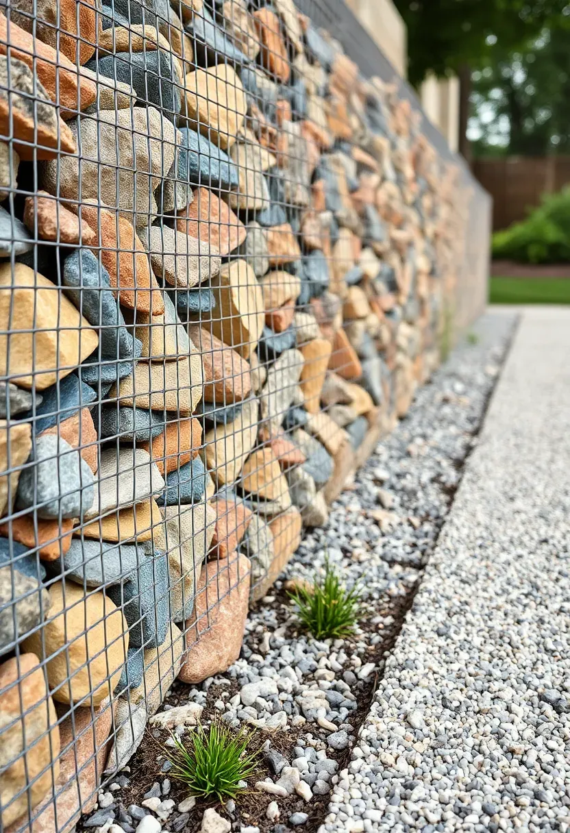 Wire gabion basket retaining wall filled with mixed river rock and gray crushed stone alongside a gravel garden path