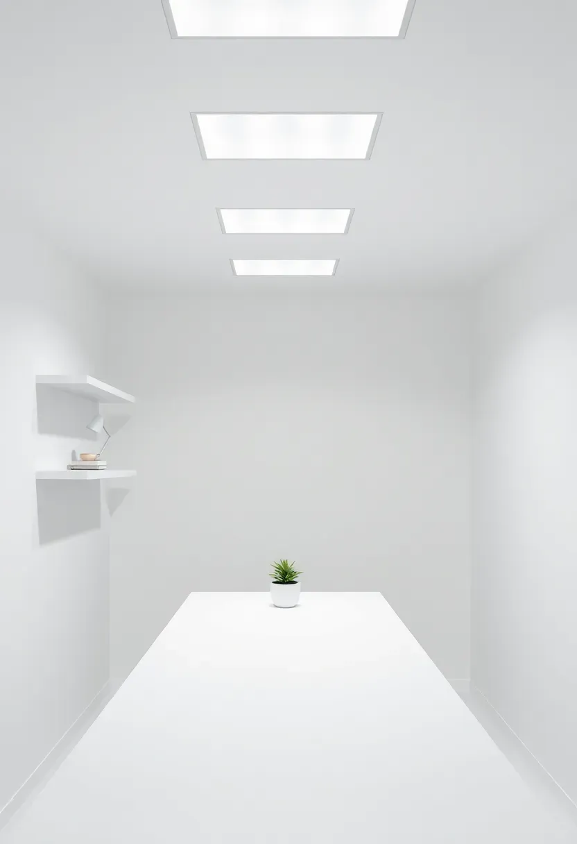 All-white windowless basement office with white desk, white shelves, white walls, and bright overhead LED panels