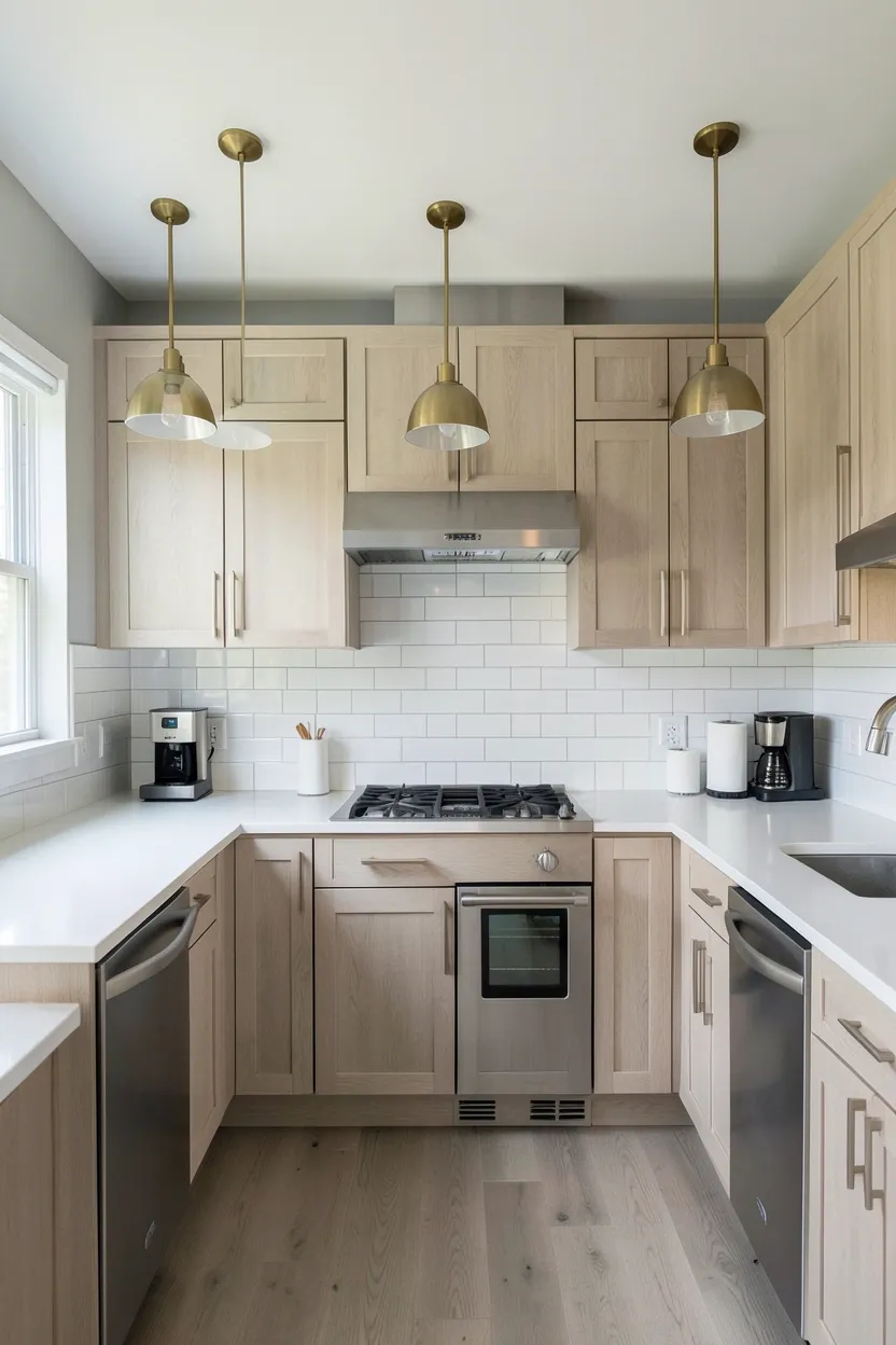 Light ash wood kitchen cabinets with subtle grain alongside stainless steel appliances in a clean modern kitchen