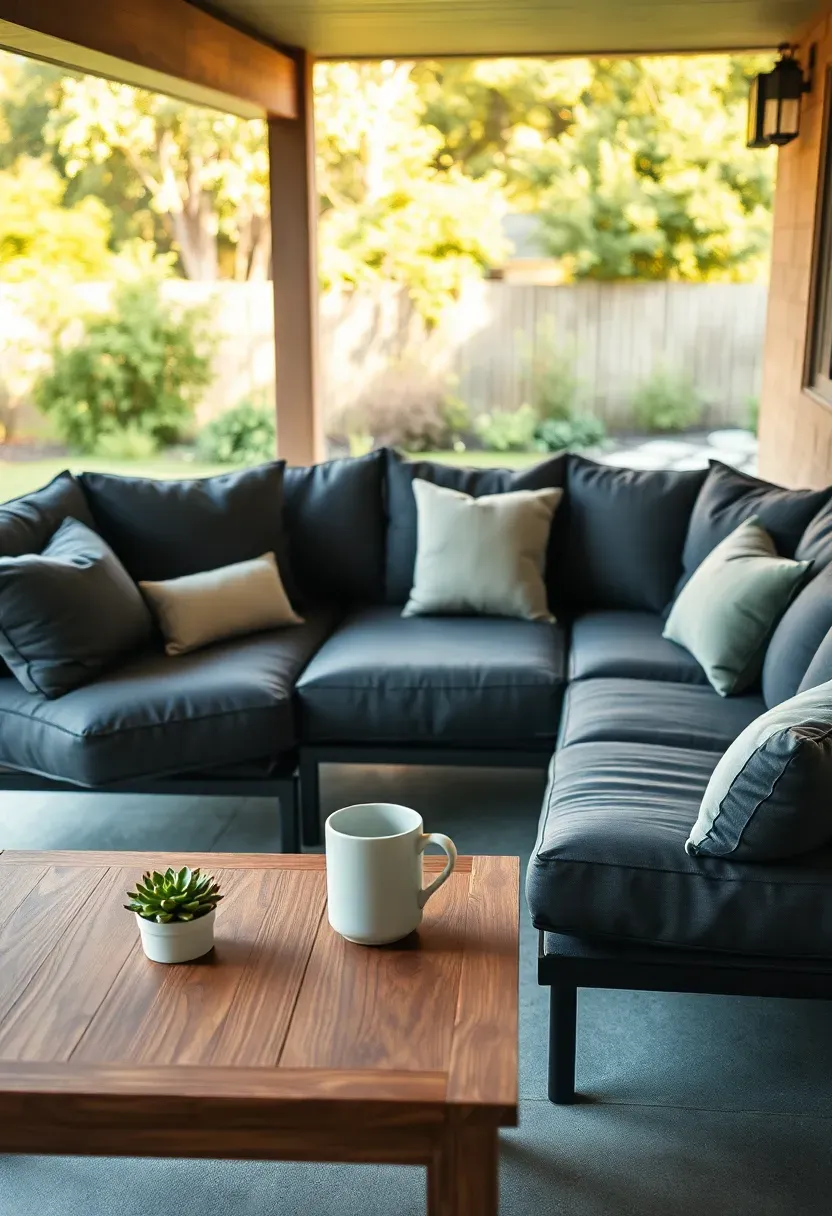 Deep cushioned outdoor sectional sofa arranged in an L-shape on a covered backyard porch with throw pillows