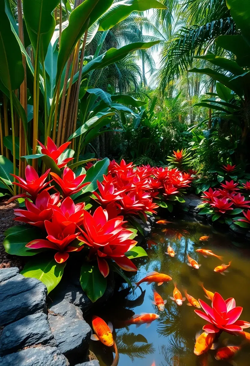 Tropical-style koi pond surrounded by palm trees, banana plants, and colorful bromeliads in a warm-climate backyard