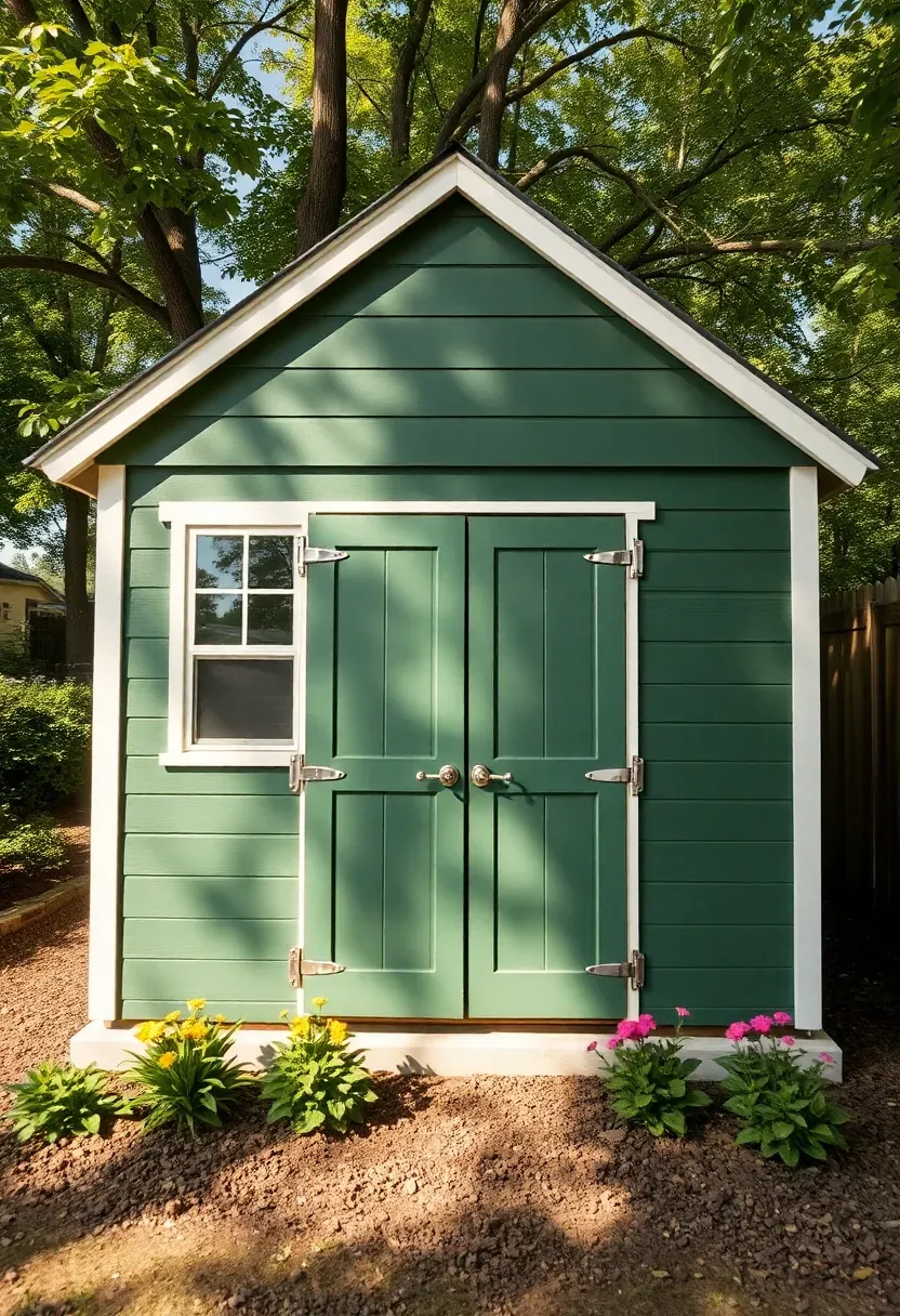 A traditional gabled garden shed with white trim, forest green siding, and a wooden double door surrounded by perennial flower beds