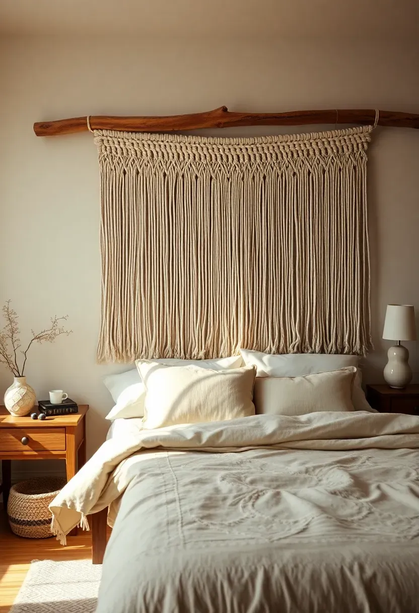 bohemian bedroom with large woven macrame tapestry covering the accent wall behind the bed in natural cotton with fringe details and warm wood tones