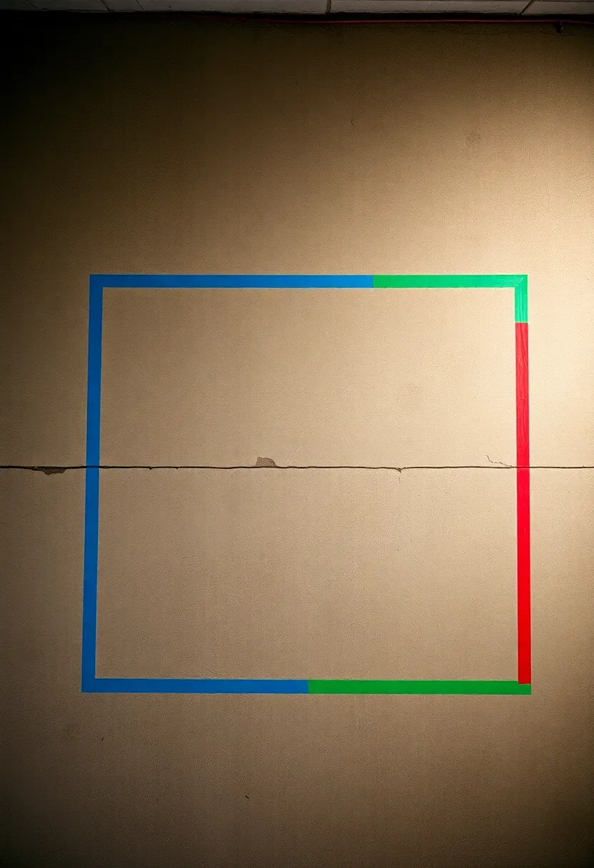 Overhead view of a basement gym floor divided into color-coded zones with tape for lifting, cardio, and stretching areas