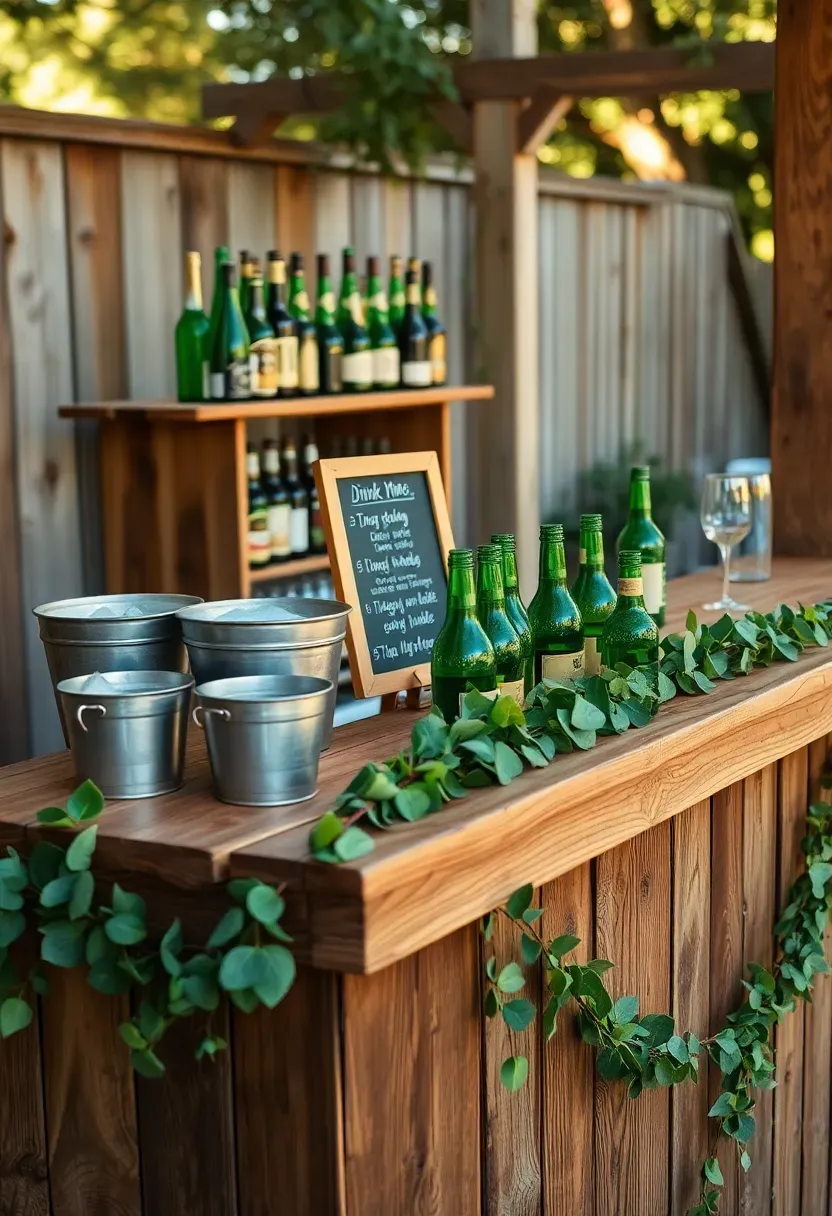 Custom outdoor bar setup at a backyard engagement party with a wooden counter, shelves of bottles, a handwritten drink menu, ice buckets, and greenery garland decoration