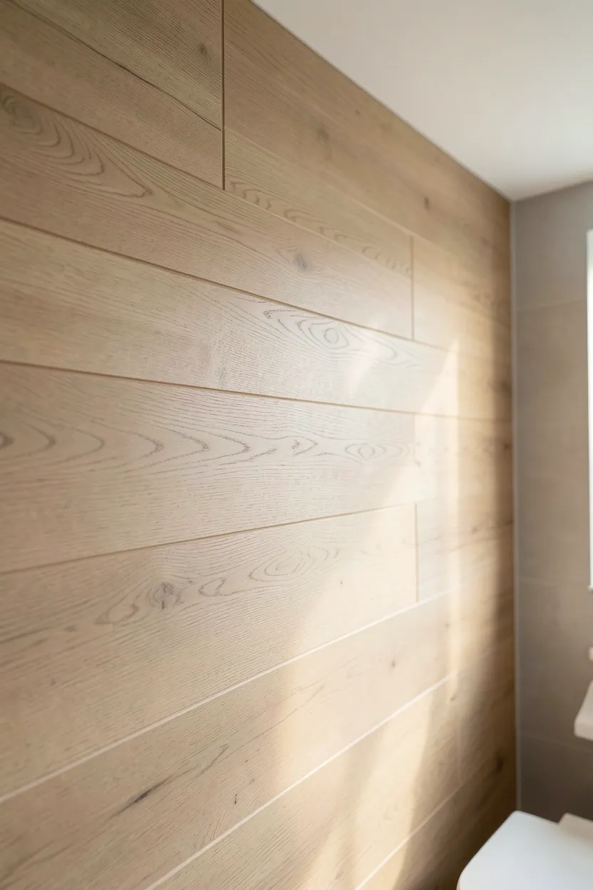 White floating shelf holding neatly rolled oatmeal linen towels in an organized modern bathroom