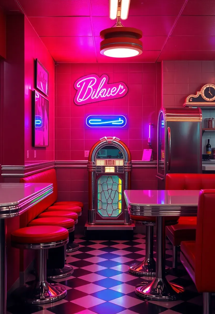 Neon-lit retro diner man cave with red vinyl booth seating, chrome and Formica counter, jukebox in the corner, checkered floor tiles, and glowing neon wall signs
