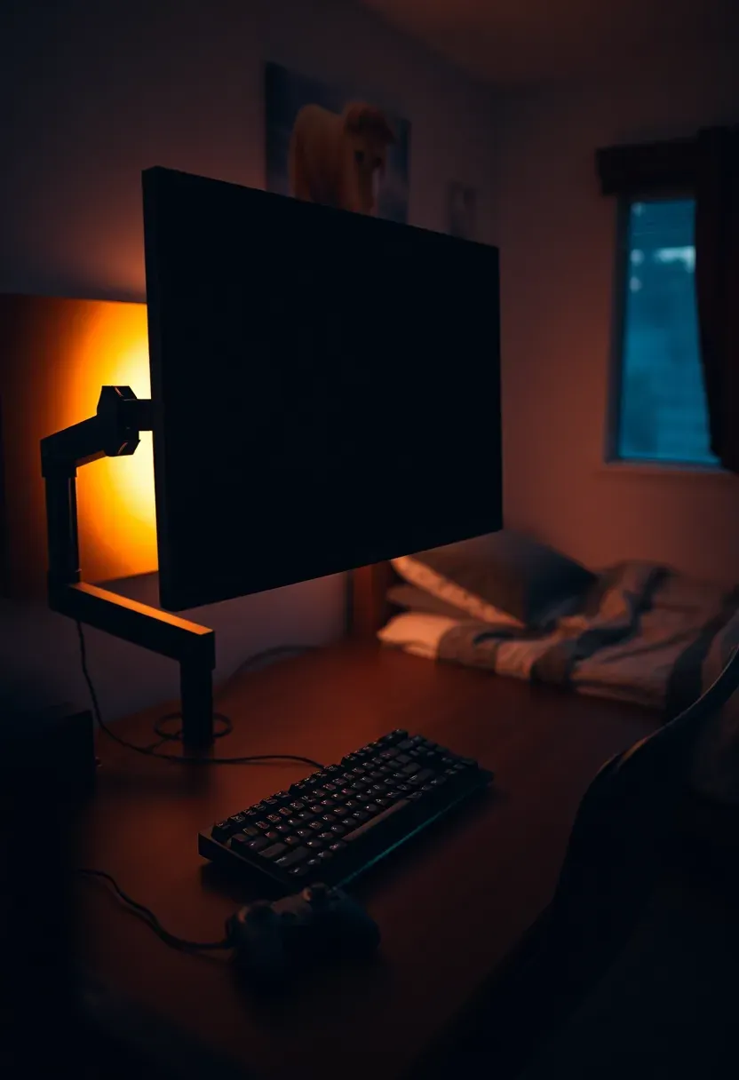 compact dorm gaming setup with monitor on small desk and controller wall mount
