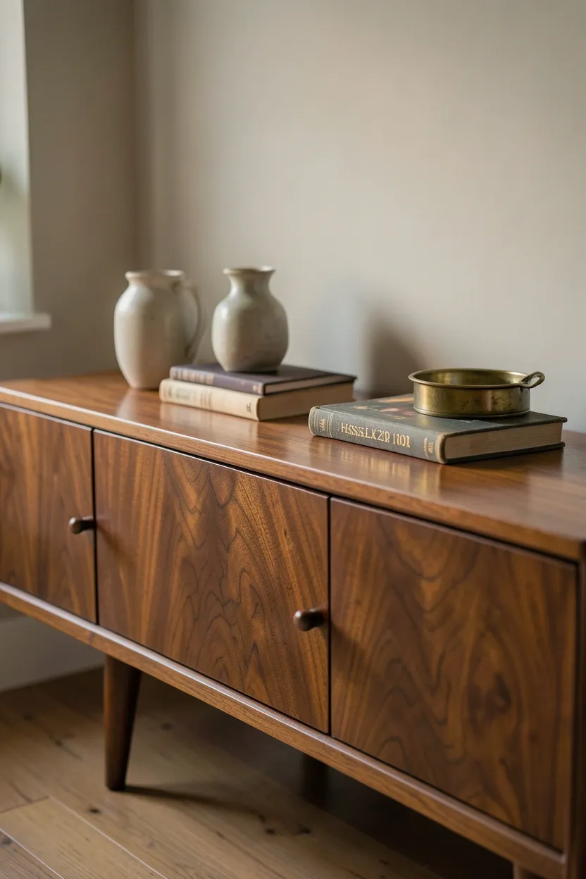 Walnut mid-century sideboard styled with ceramic vases, stacked art books, and a brass tray in a rental living room