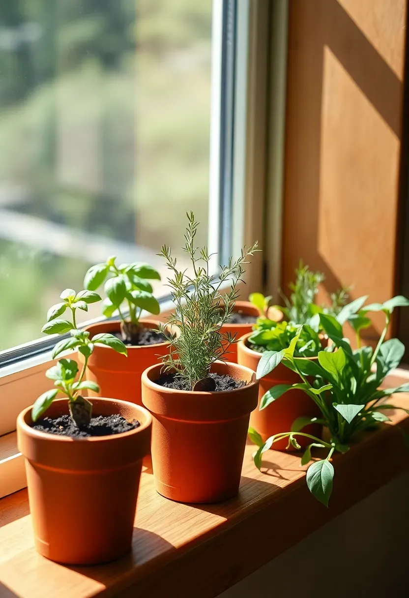 Bright sunroom window ledge with a neat herb garden in small individual terracotta pots including basil, thyme, and rosemary in direct morning sunlight